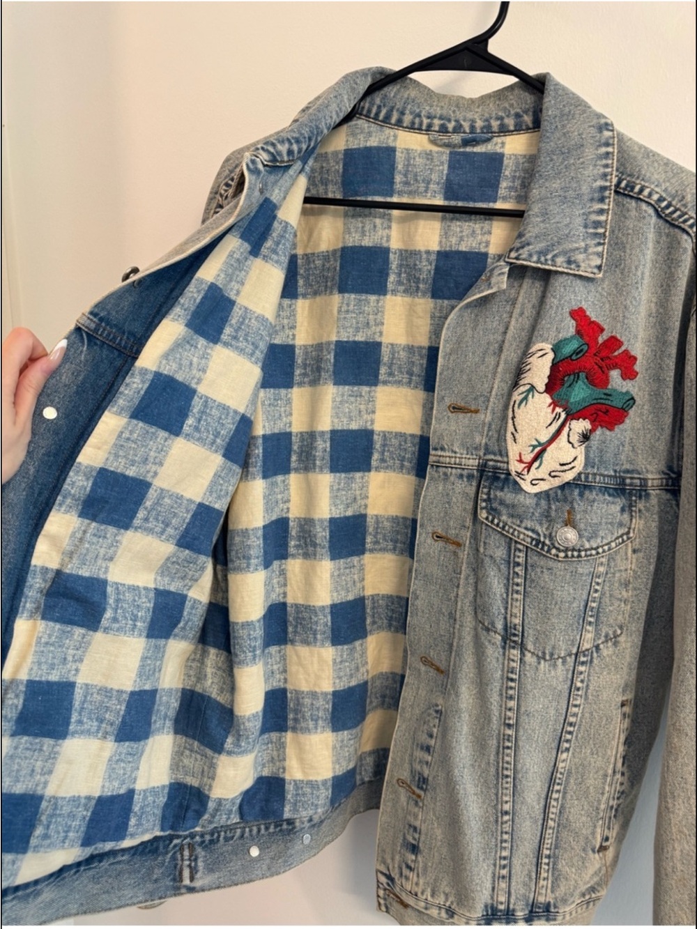 Gucci Light Blue Denim Jacket with Red & Teal Heart Patch